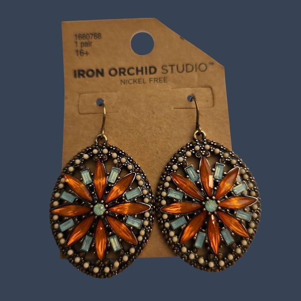 IRON ORCHID STUDIO Orange and Blue Crystal Floral Dangle Earrings